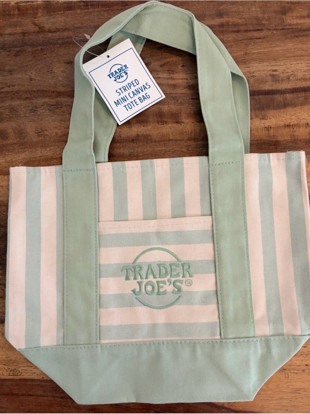 Trader Joe's Mini Mint & Cream Striped Canvas Tote